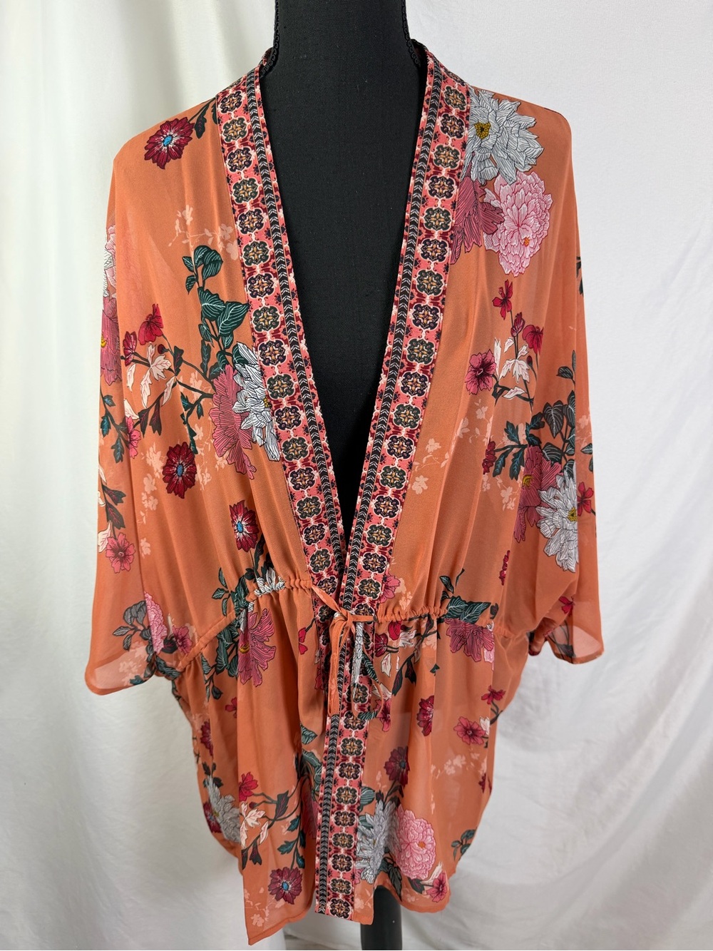 DR2 Floral Boho Kimono Robe | Sheer Chiffon Cover Up | Lightweight Duster M/L